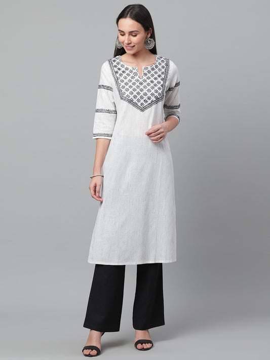White Ikat Chikankari Straight Kurta
