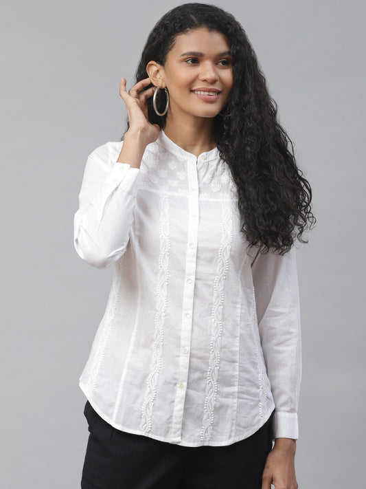 White Chikankari Embroidered Detail Casual Shirt