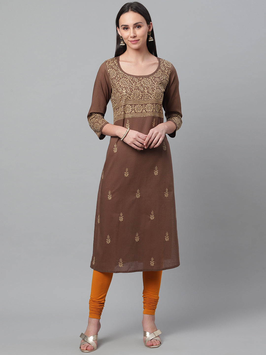Brown Pot Neck Chikankari Cotton Kurta