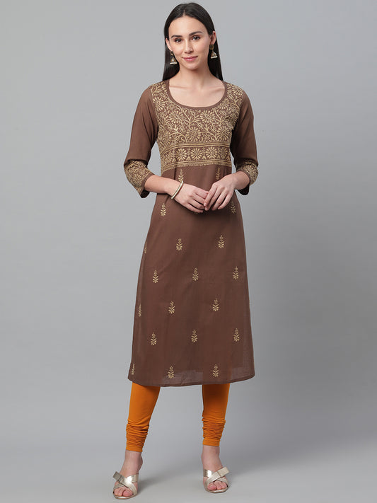 Brown Pot Neck Chikankari Cotton Kurta
