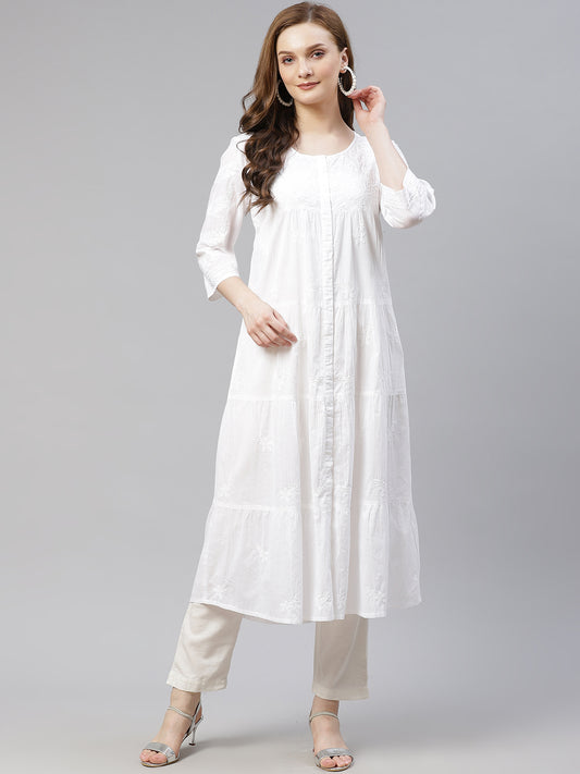 White Embroidered Front-Open Tiered Kurta
