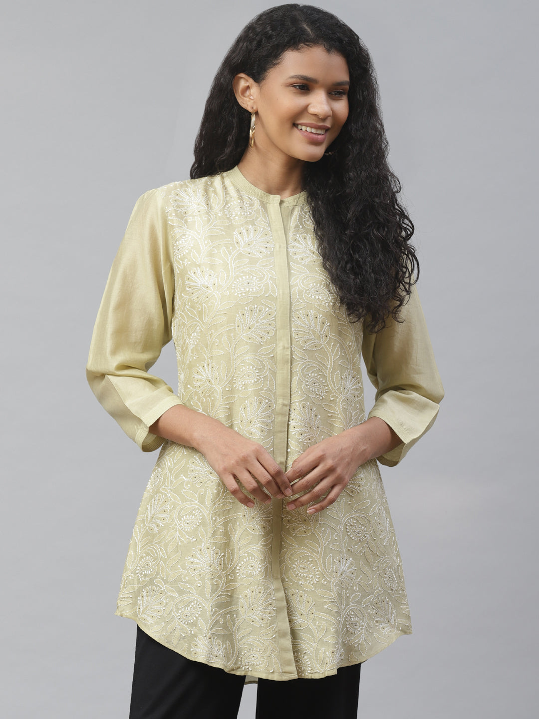 Olive Silk Chikankari Long Shirt