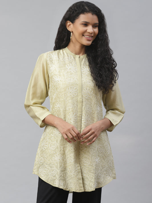 CHSR009OL Olive Silk Chikankari Long Shirt
