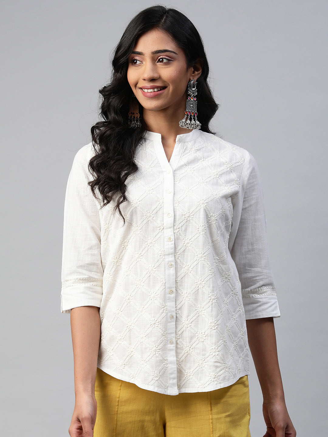 Off White Cotton Slub All-over Embroidered Shirt