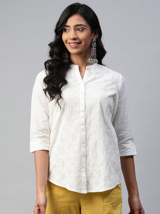 Off White Cotton Slub All-over Embroidered Shirt