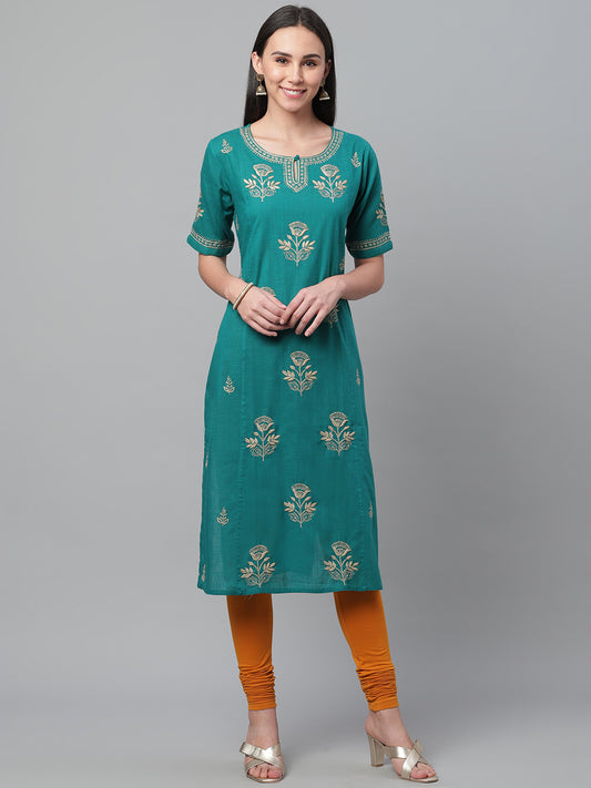 Teal & Beige Cotton Chikankari Kurta