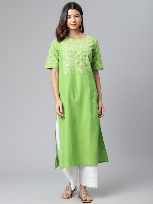 Green Mangalgiri Chikankari Kurta with Elbow Sleeves