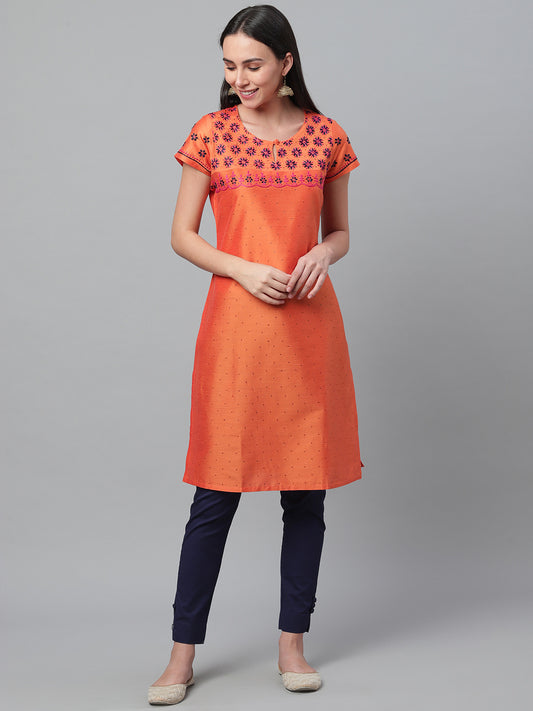 Orange Silk Kurta with Embroidery and Mukaish Work