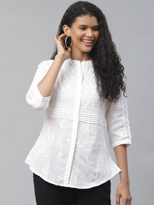 White Chikankari Slub Casual Shirt