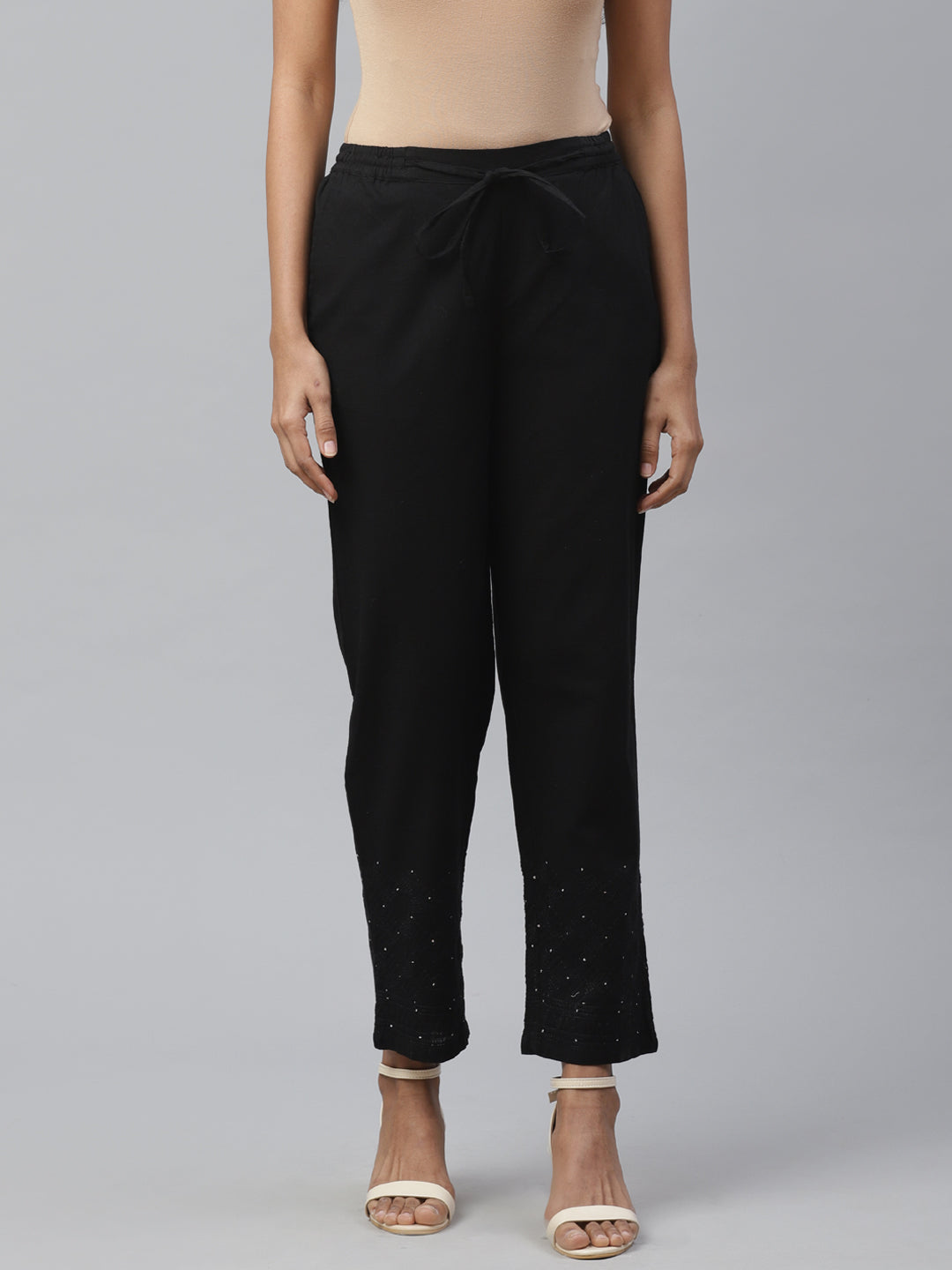 Black Tapered Chikankari Trousers with Mukaish Work