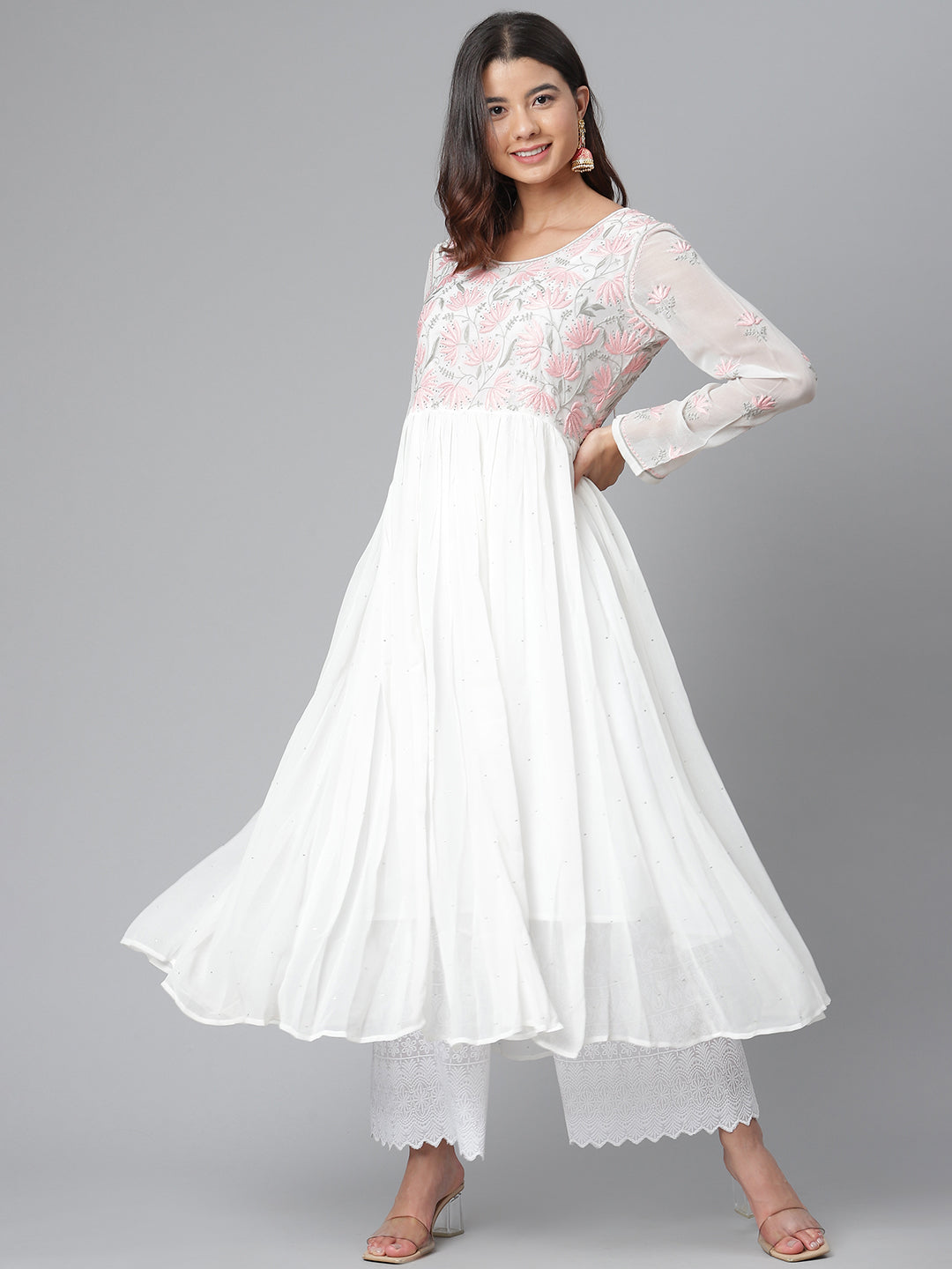 White Georgette Hand-Embroidered Flared Kurta