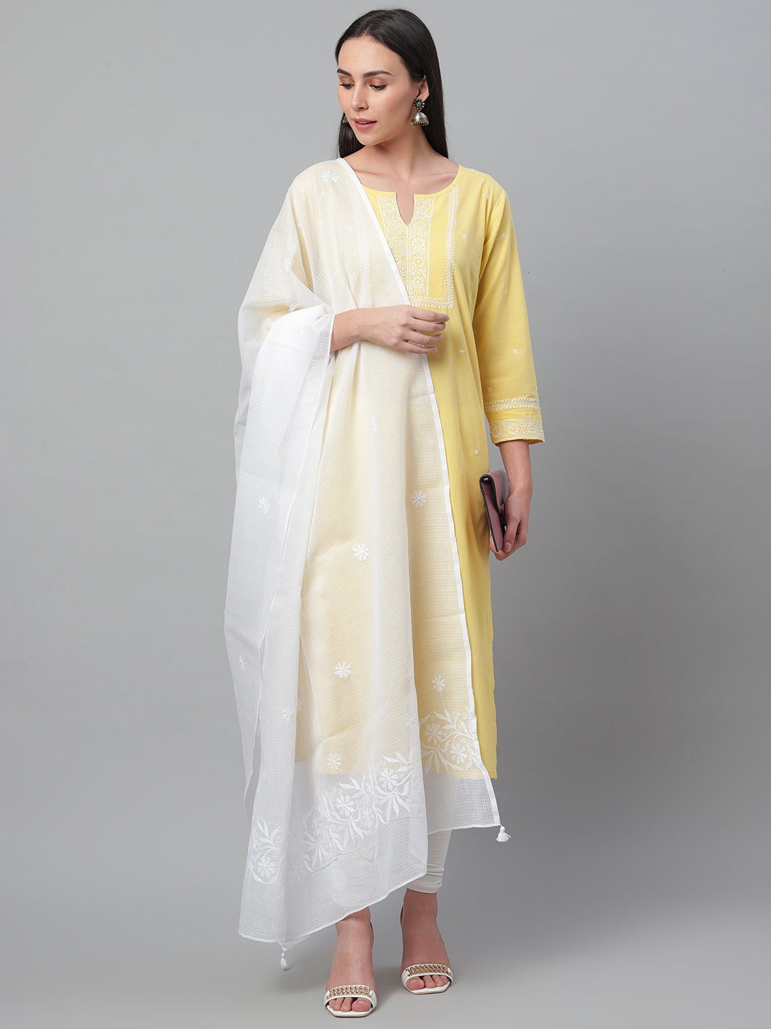 White Kota Chikankari Dupatta with Tepchi Border