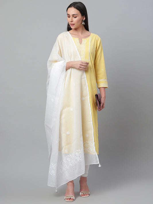 White Kota Chikankari Dupatta with Tepchi Border