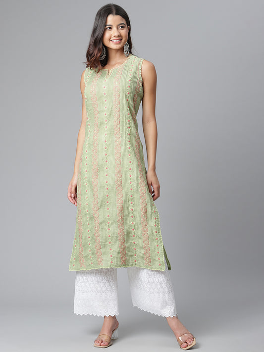 Pista Chikankari Kurta with Pintucks and Crochet