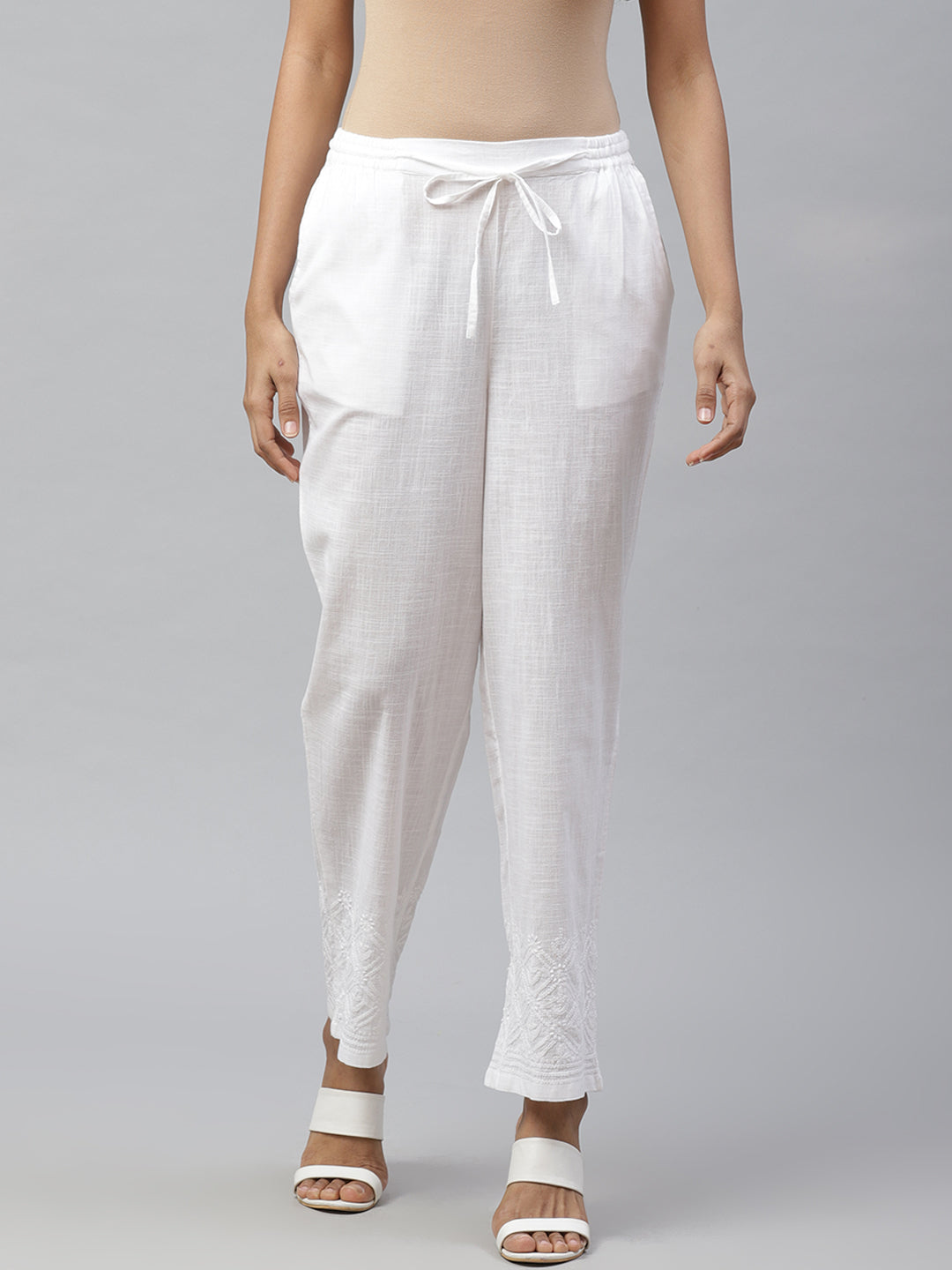 White Tapered Fit Chikankari Trousers