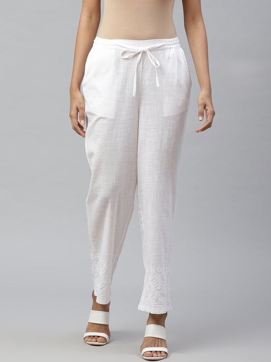 White Tapered Fit Chikankari Trousers