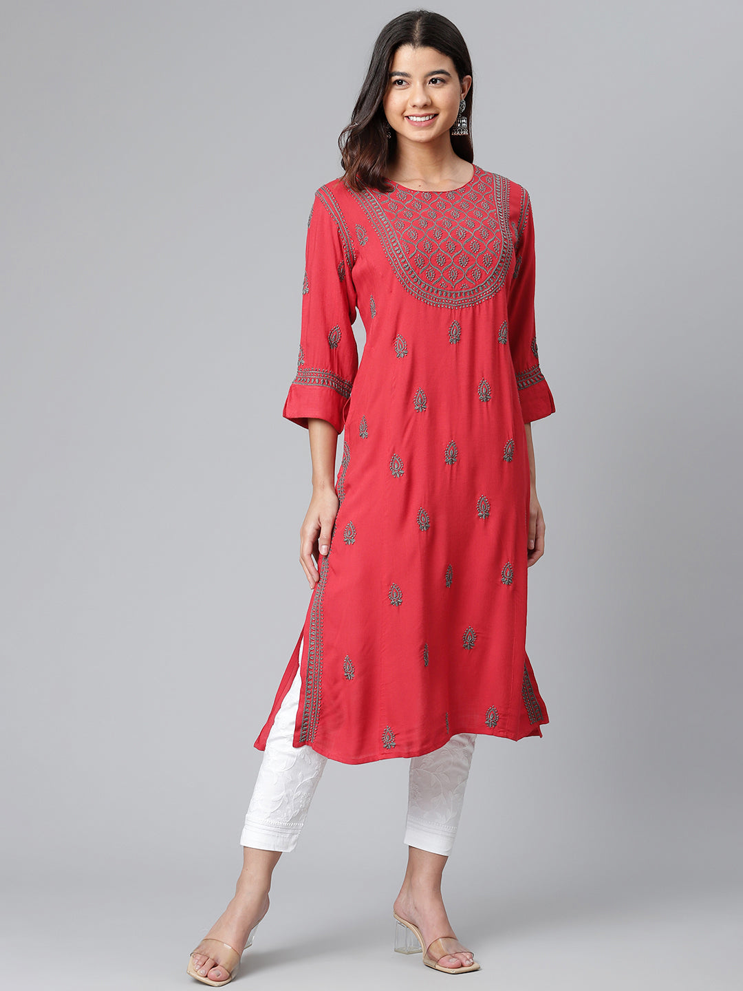 Rayon Red Chikankari Kurta