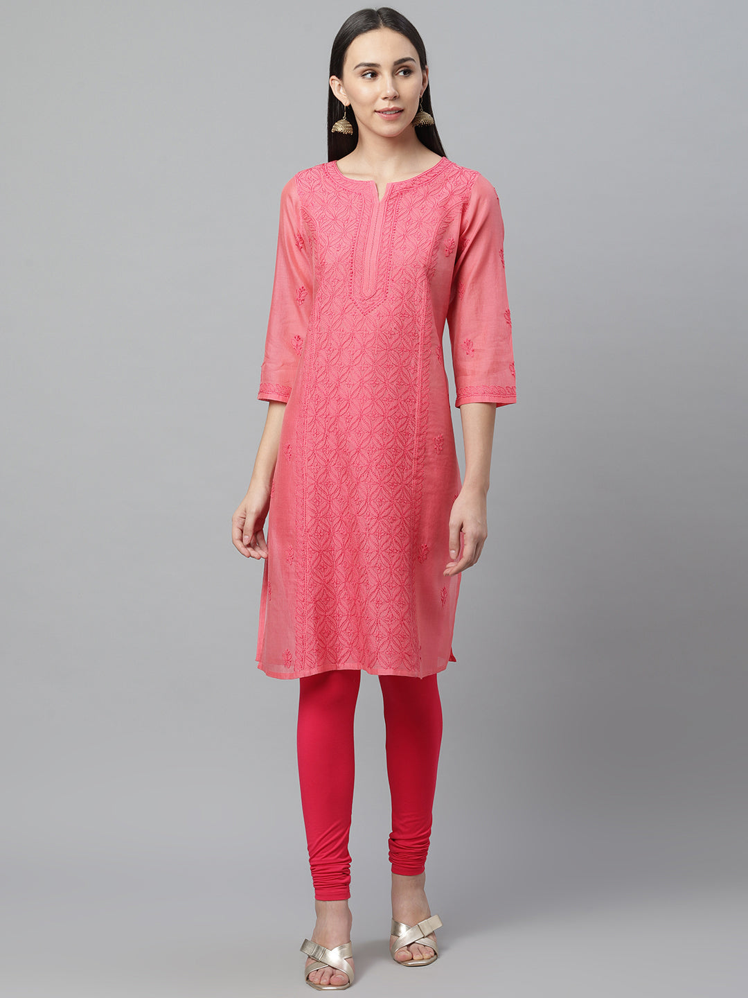 Coral Chanderi Chikankari Straight Kurta