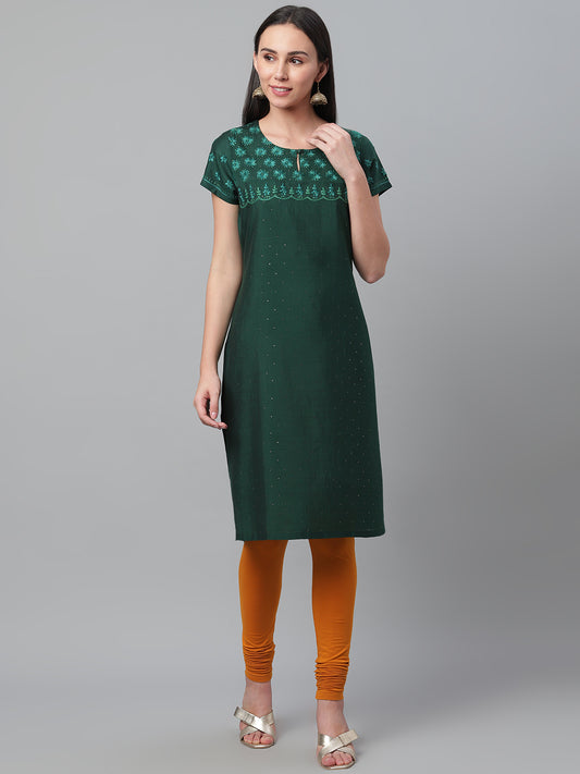 Bottle Green Silk Kurta with Embroidery and Mukaish Work