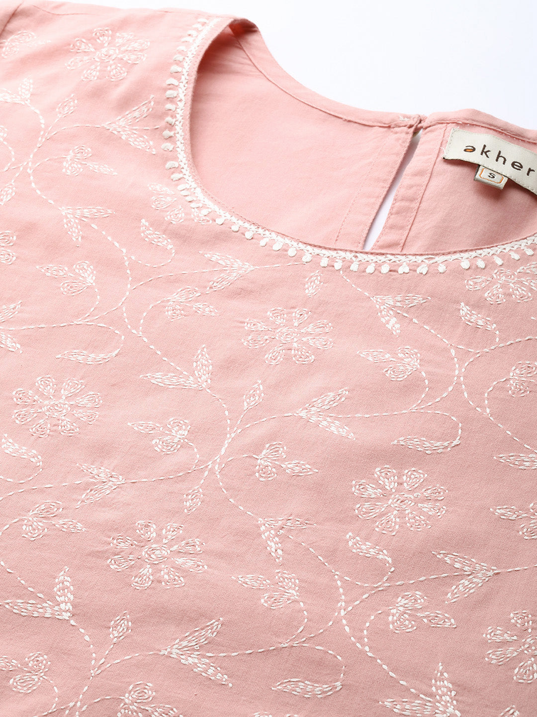 Peach Long Kurta with Tepchi Hand-Embroidery