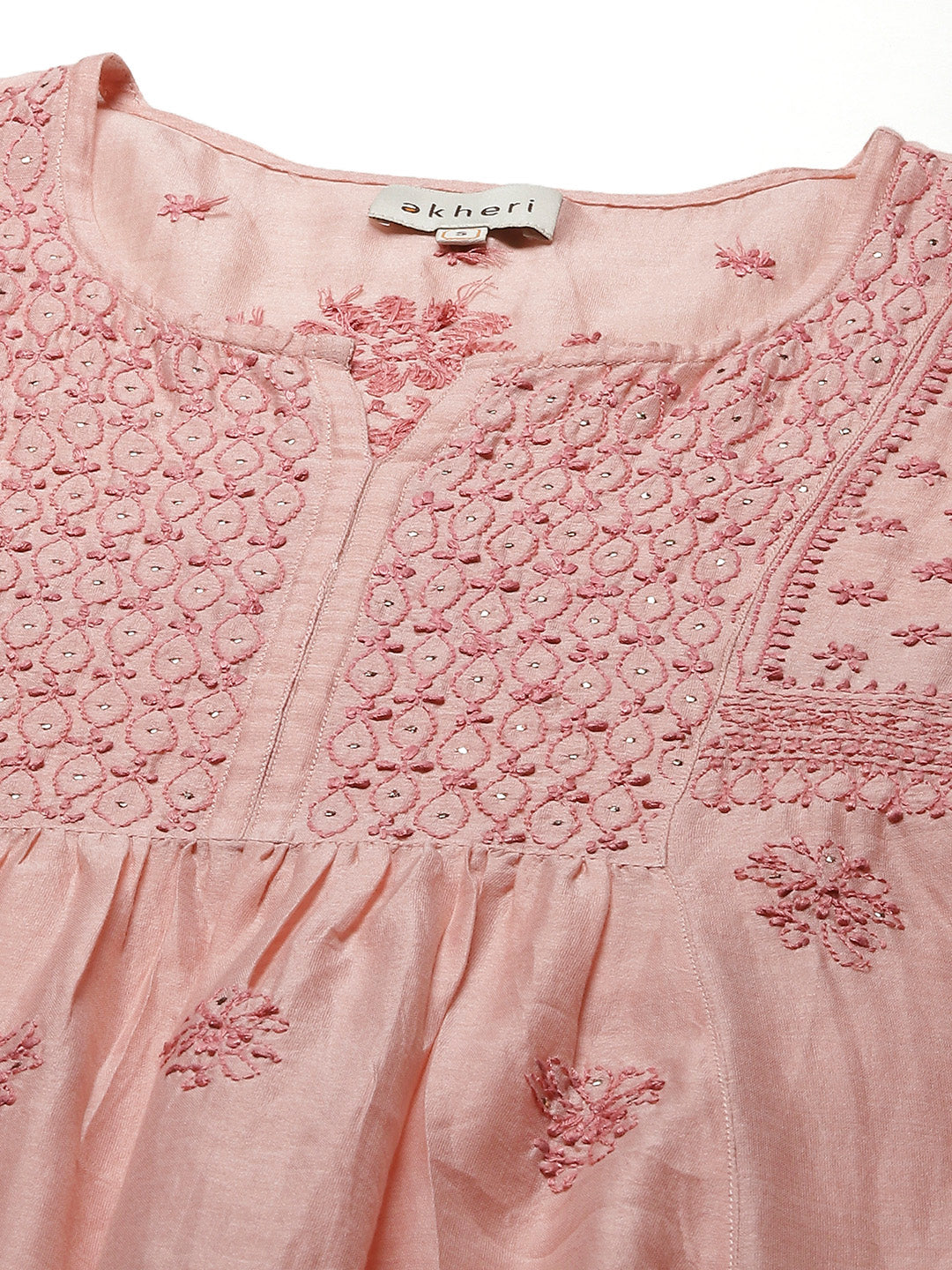 Rose Pink Chikankari Gathered Long Kurta