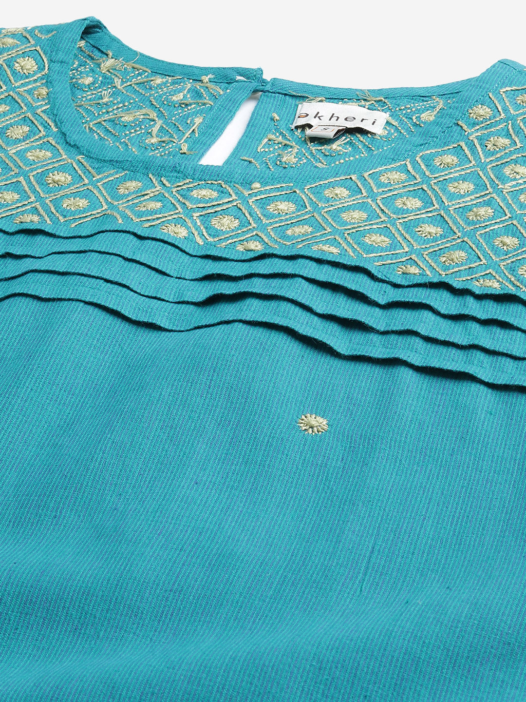 Teal Self-Striped Chikankari Kurta