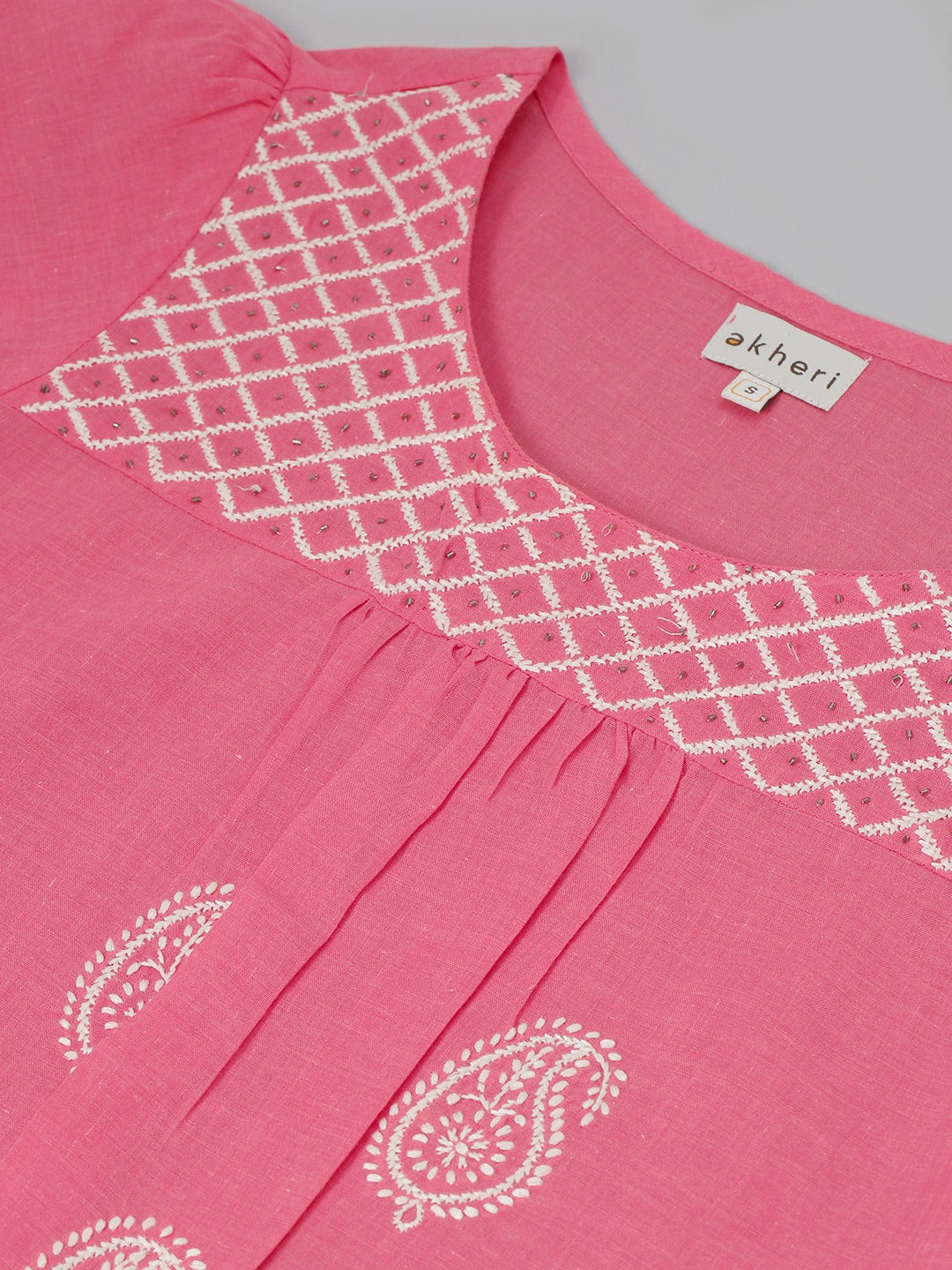Pink Cotton Embroidered Short Kurta