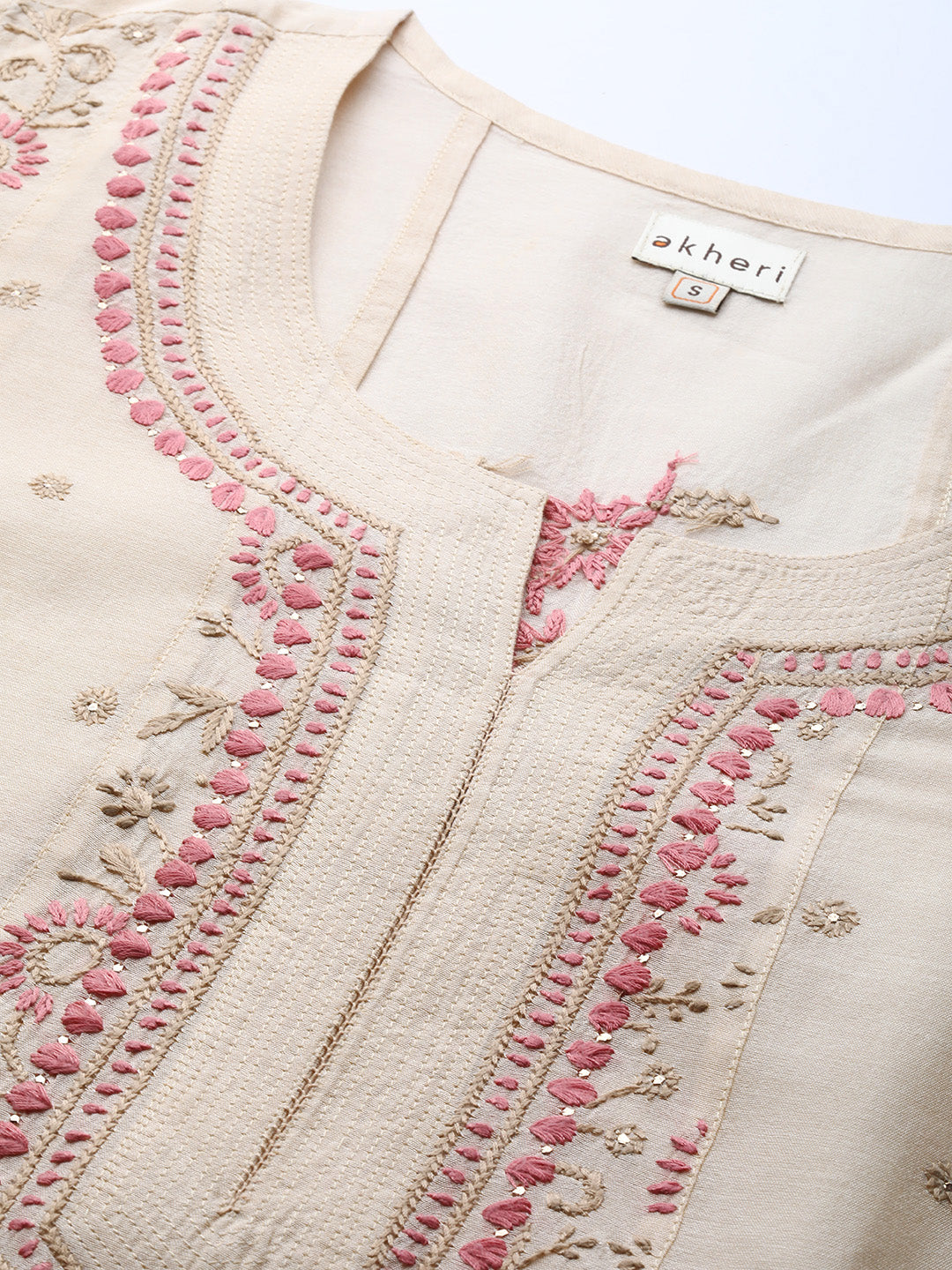 Beige and Pink Chikankari Chanderi Festive Kurta