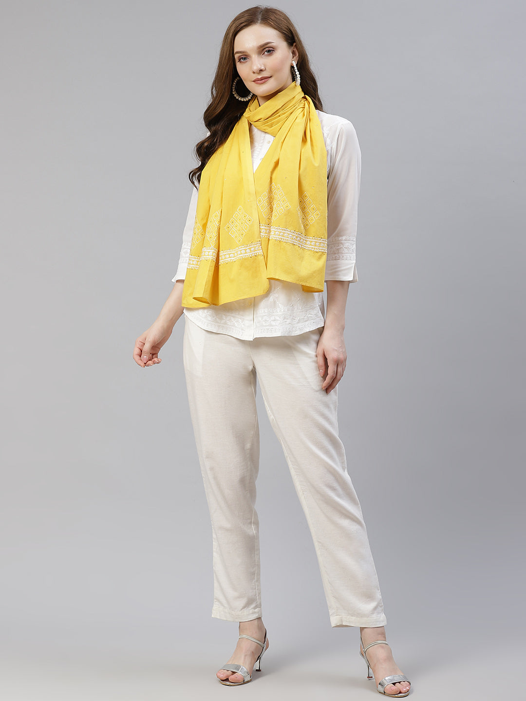 Yellow Cotton Chikankari Stole