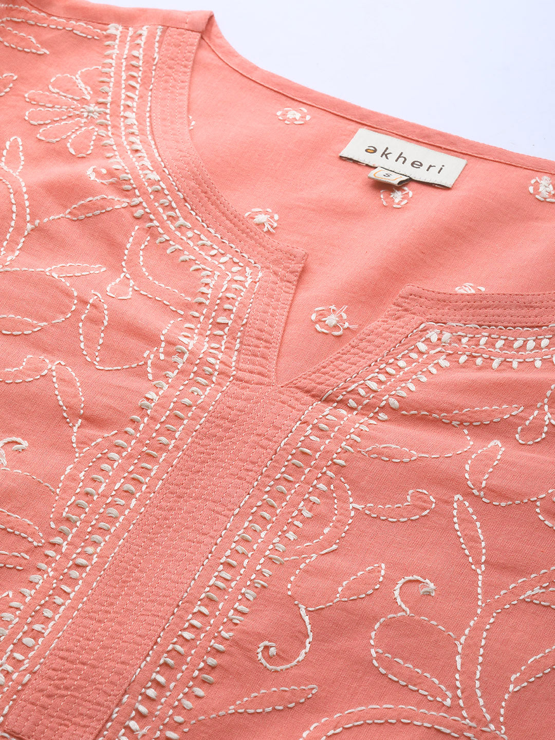 Peach Round Hem Kurta with All-Over Embroidery