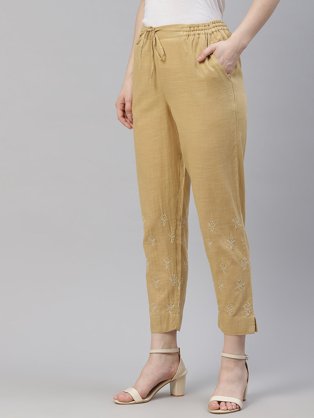 Beige Chikankari Cotton Slub Pants