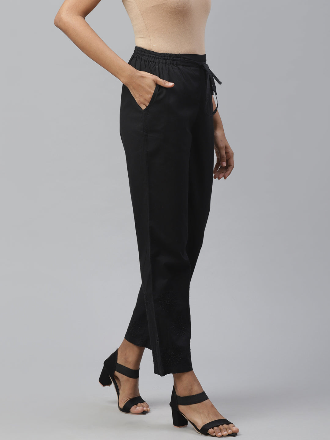 Black Tapered Chikankari Trousers