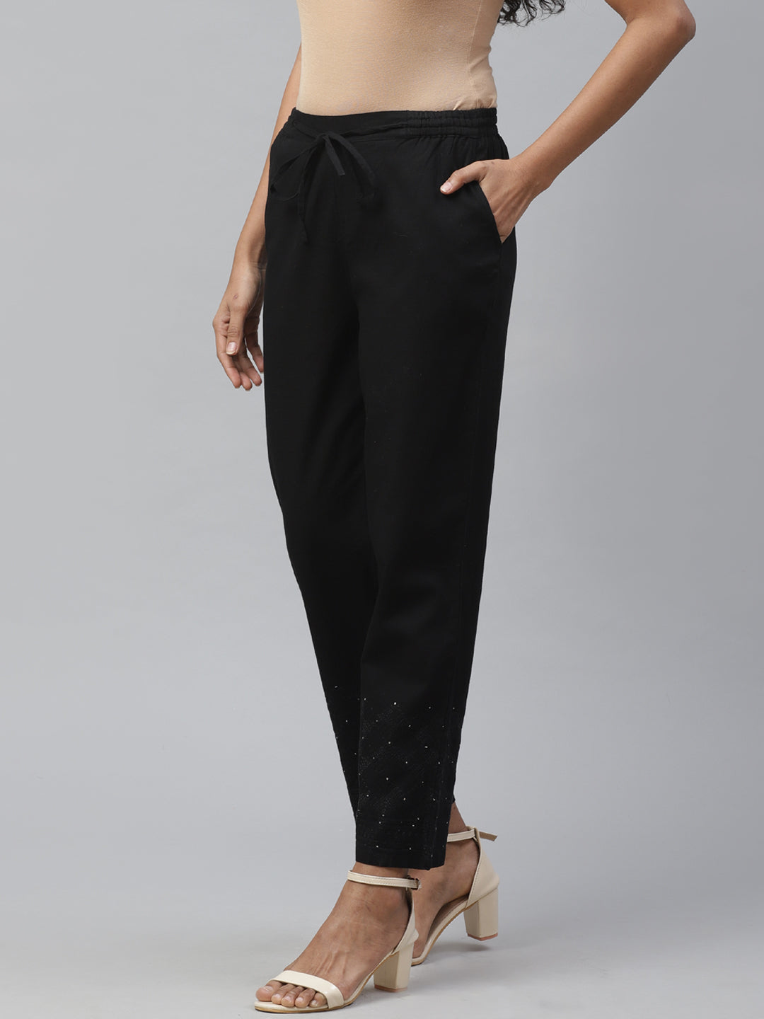 Black Tapered Chikankari Trousers with Mukaish Work