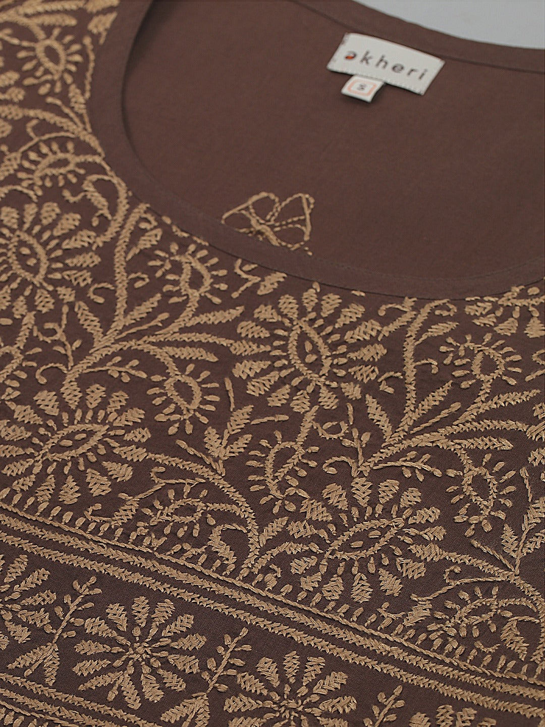 Brown Pot Neck Chikankari Cotton Kurta