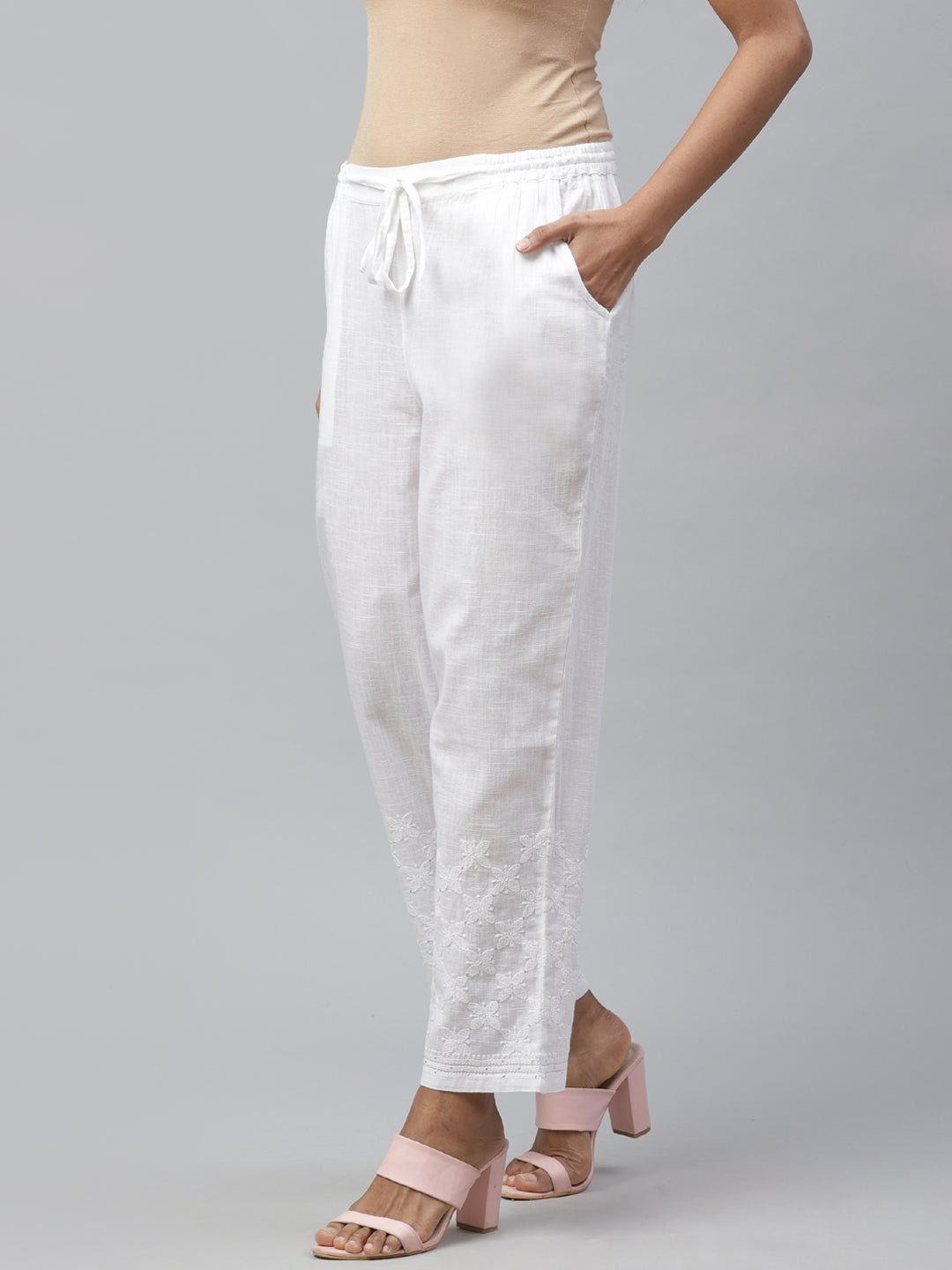 White Cotton Tapered Chikankari Pants with Mukaish Work
