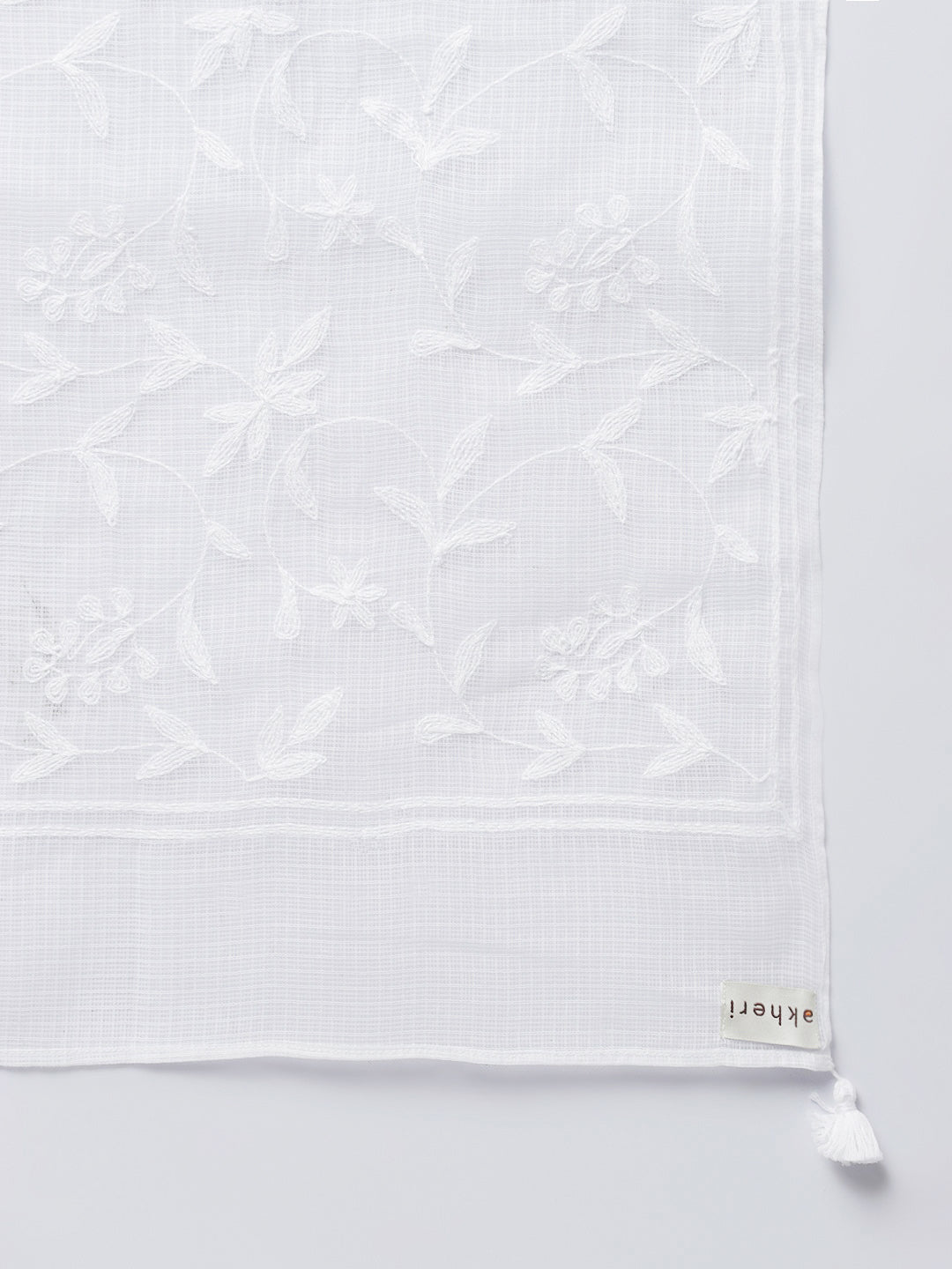 White Kota Chikankari Dupatta with Tepchi Work
