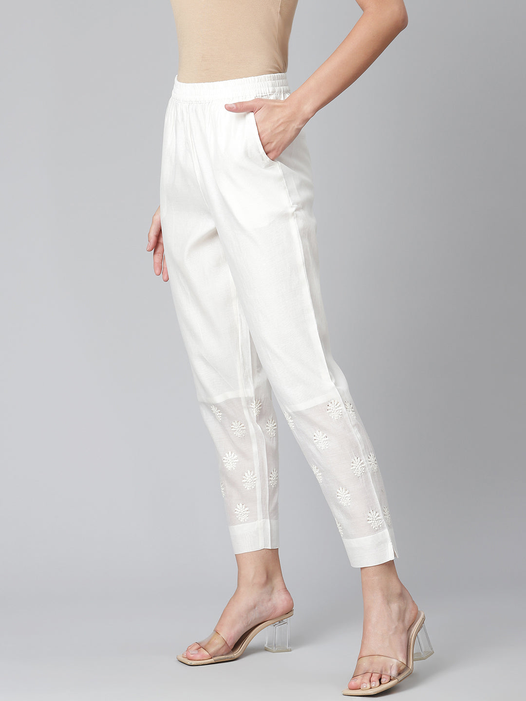 Off White Embroidered Chanderi Pants