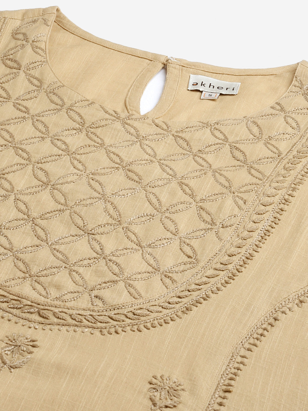 Beige Slub Kurta with Round Yoke