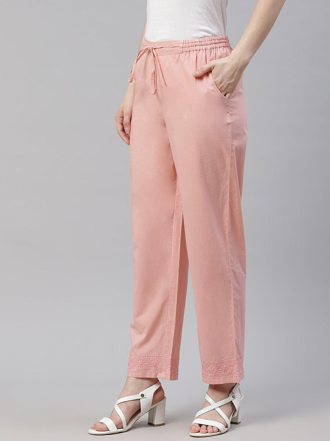 Pink Embroidered Cotton Pants