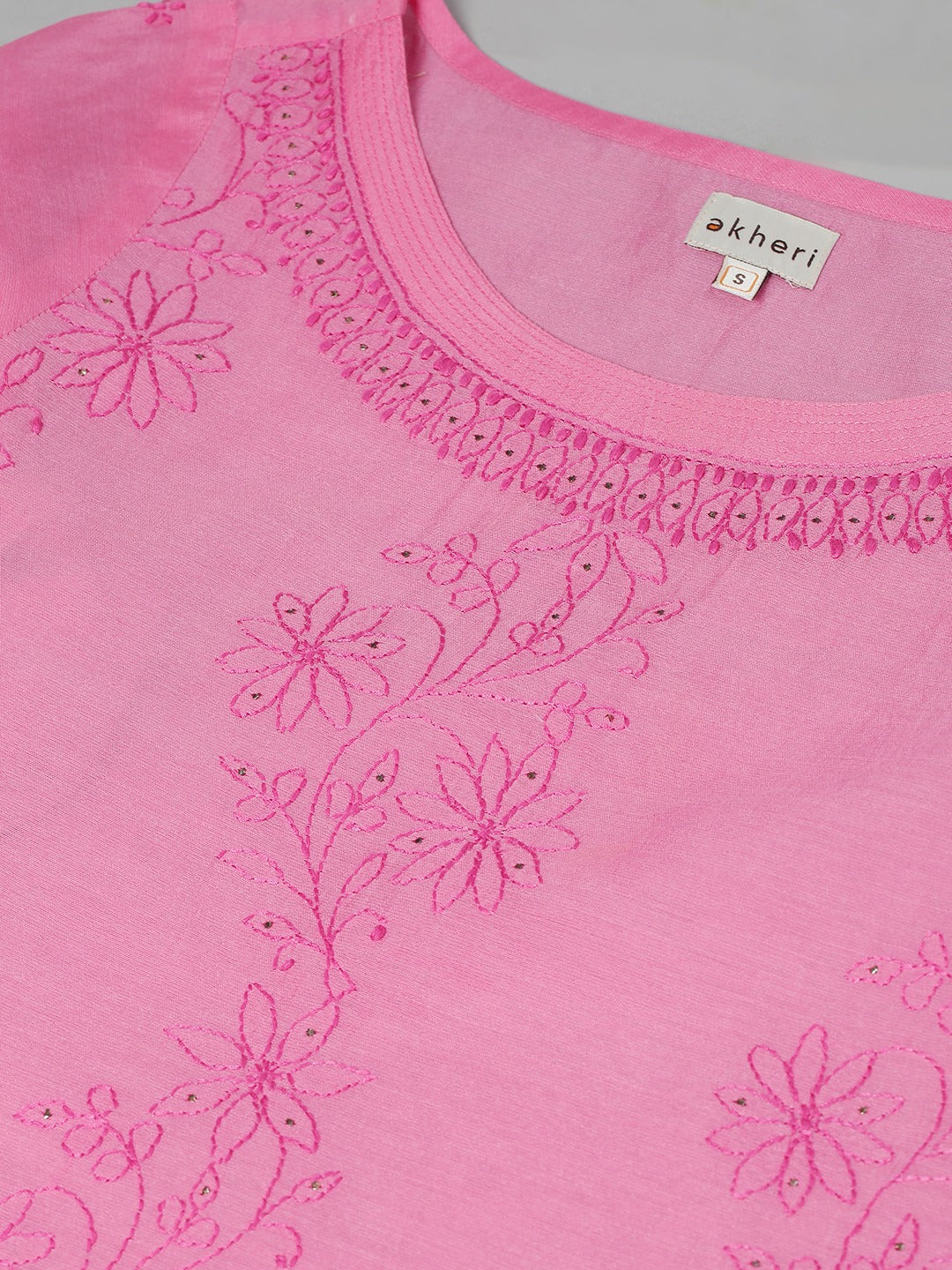 Pink Silk Chikankari Boat Neck Kurta