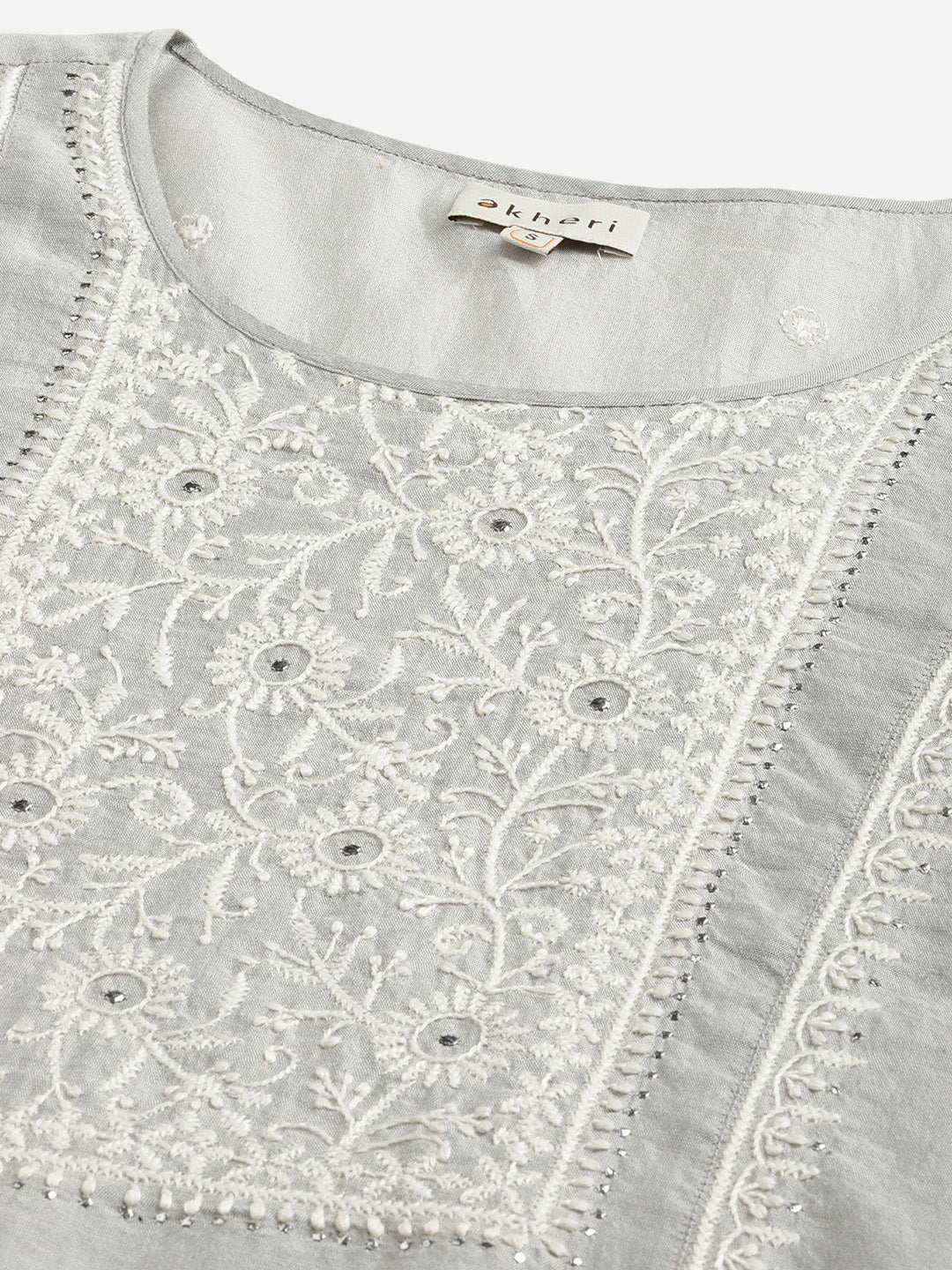 243 Grey Chanderi Silk Chikankari Kurta