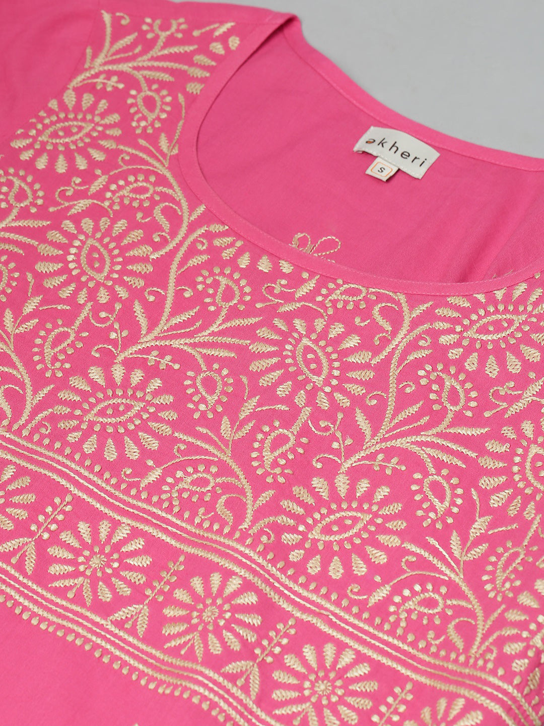 Pink Cotton Kurta Pot Neck Embroidered Kurta