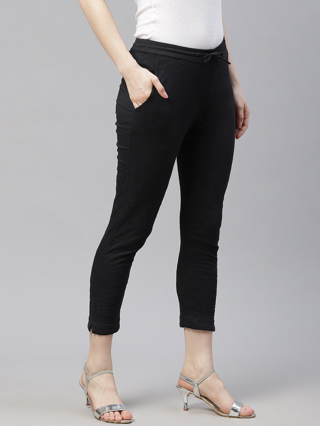 Black Hand-Embroidered Stretchable Pants