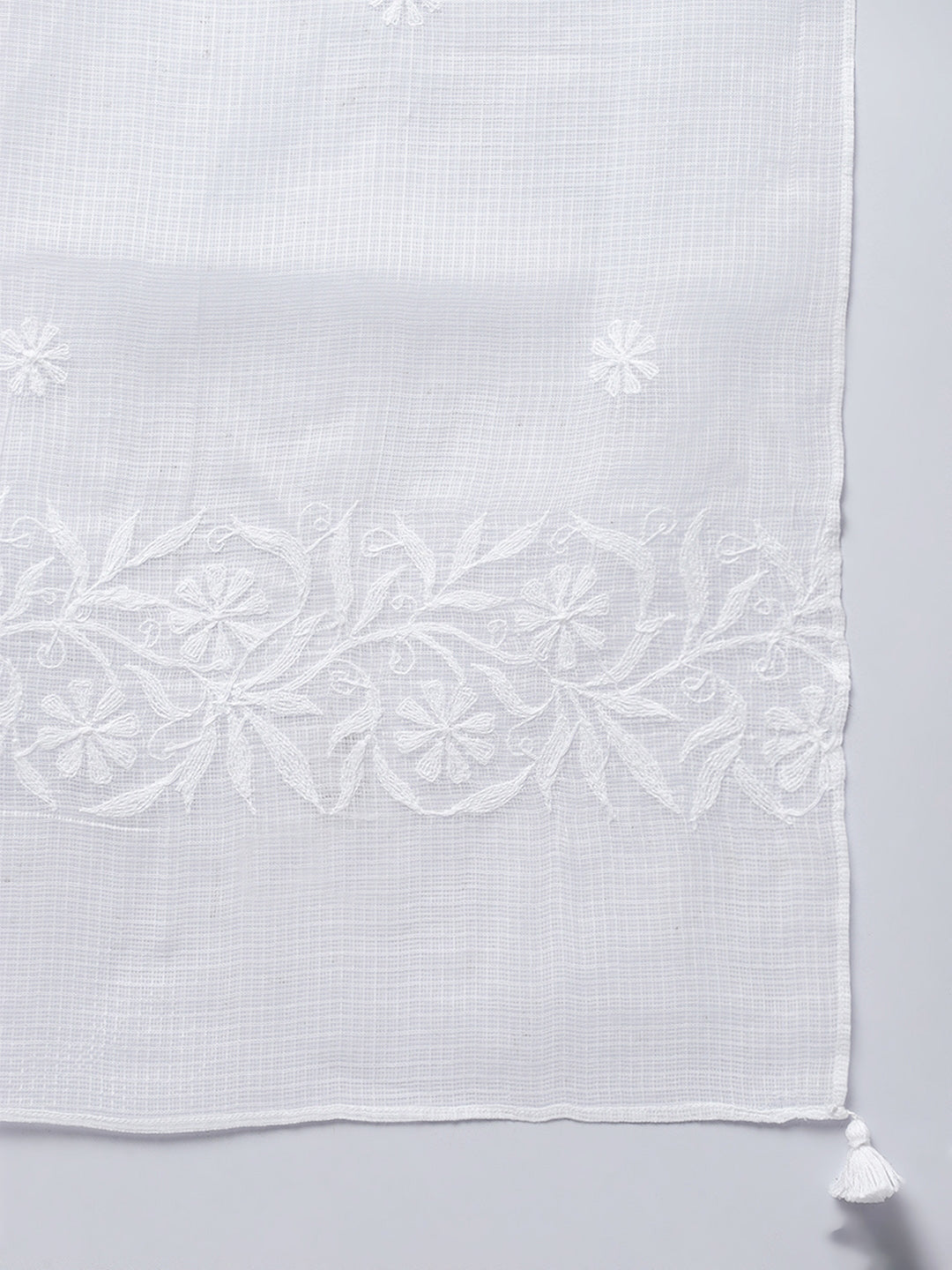 White Kota Chikankari Dupatta with Tepchi Border