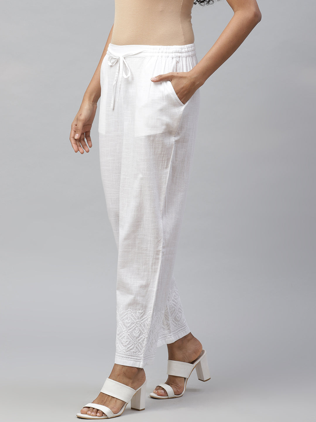 White Tapered Fit Chikankari Trousers