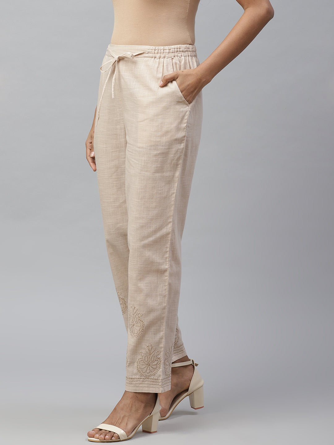 Beige Tapered Chikankari Embroidered Trousers