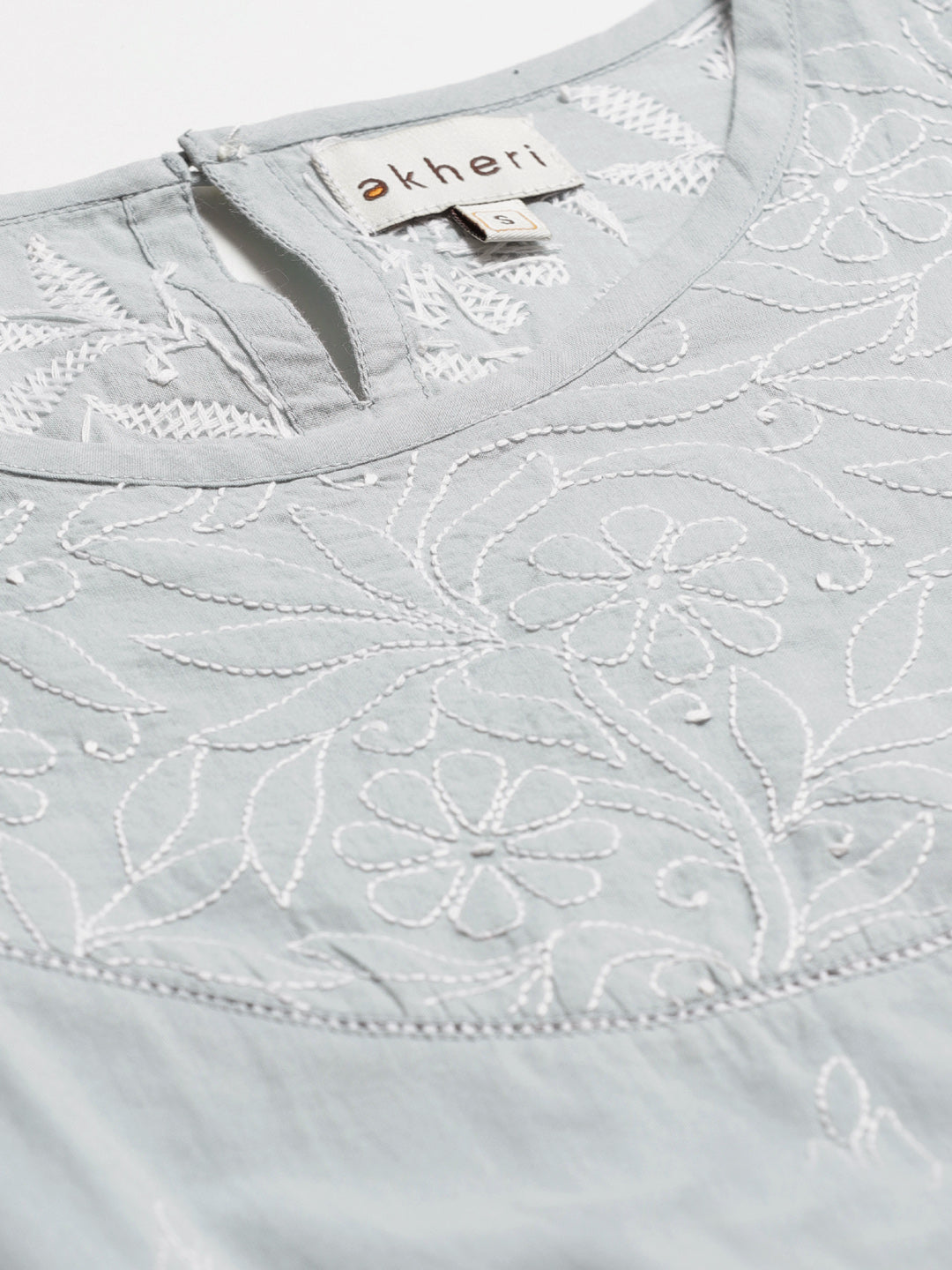 Grey Lace Yoke Embroidered Top