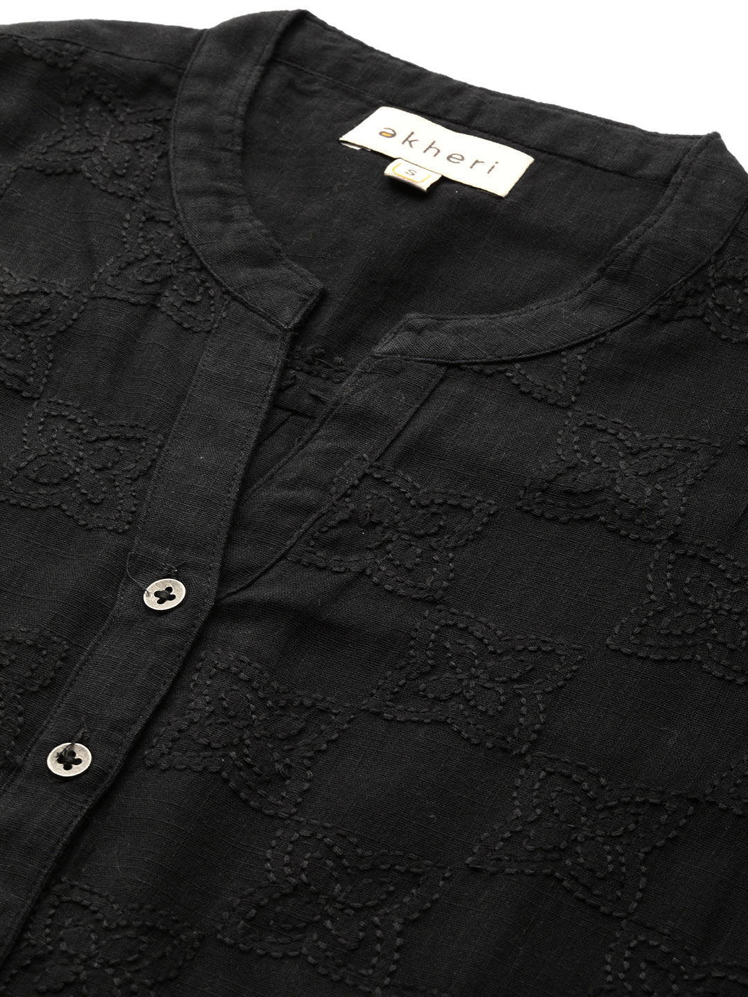 Black Cotton Slub All-over Embroidered Shirt