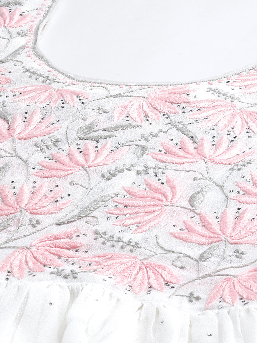 White Georgette Hand-Embroidered Flared Kurta
