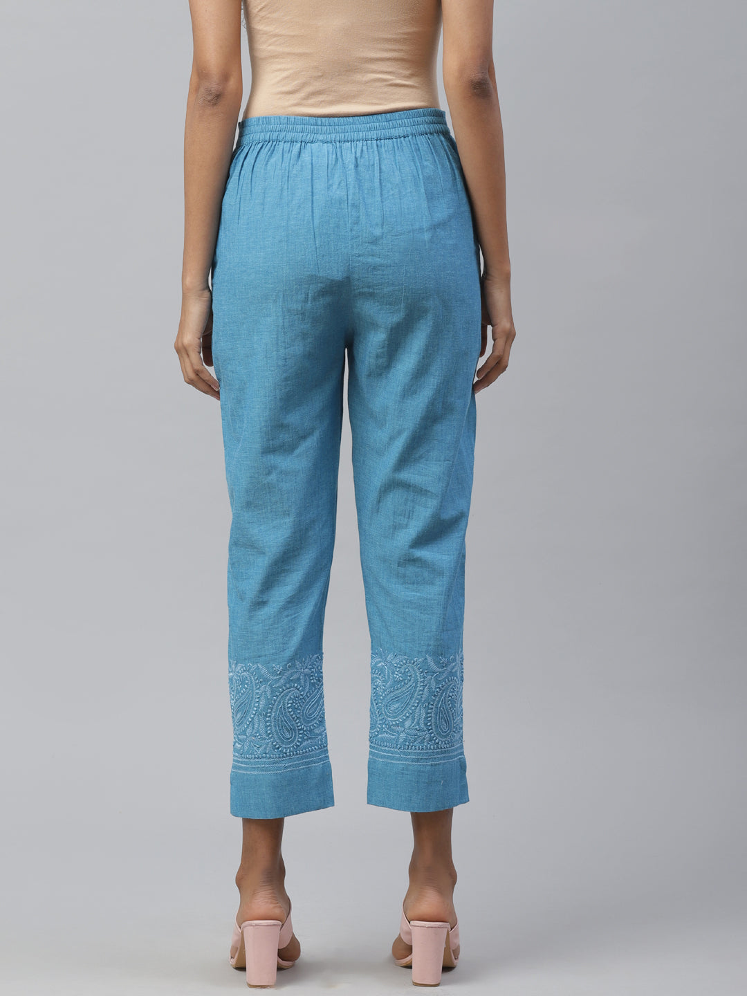 Blue Cotton Chikankari Cropped Pants